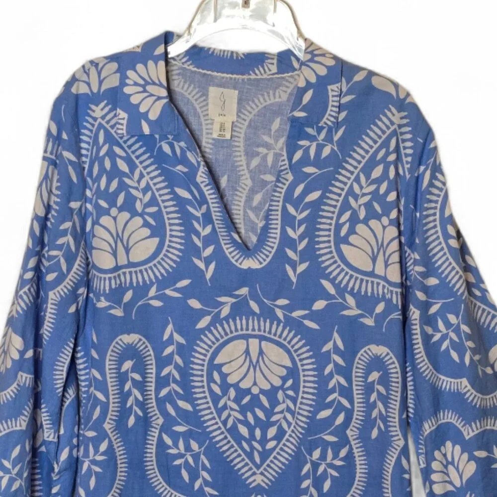 Joie Blue White Paisley Tunic Dress Size 8 Bell Sleeve Boho Resort Mini